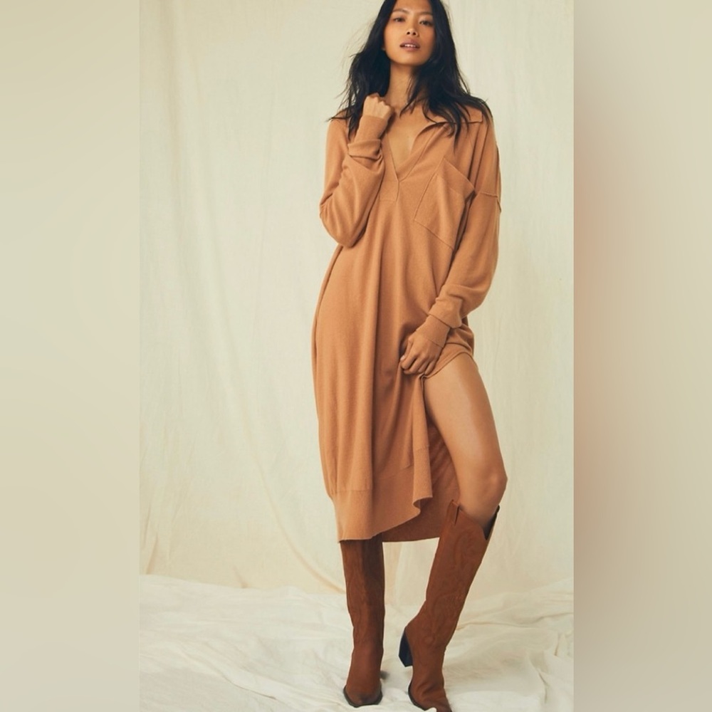 NEW Free People The Luxe Polo Sweater Dress Cashmere Blend Camel S/M & Likely Lg